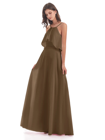 Paisley Halter Ruffles Chiffon Long Bridesmaid Dresses