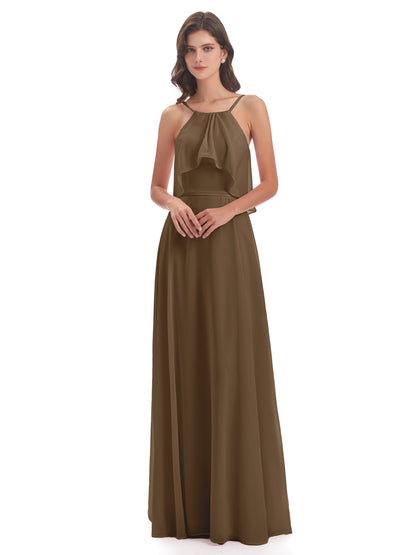 Paisley Halter Ruffles Chiffon Long Bridesmaid Dresses