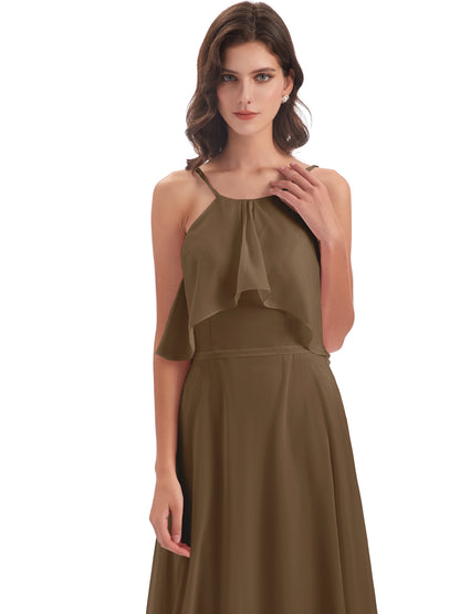 Paisley Halter Ruffles Chiffon Long Bridesmaid Dresses