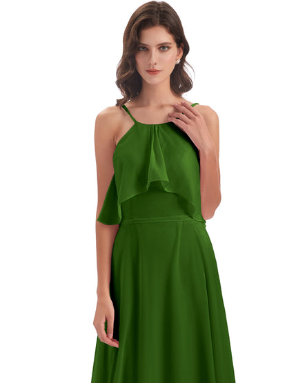 Paisley Halter Ruffles Chiffon Long Bridesmaid Dresses