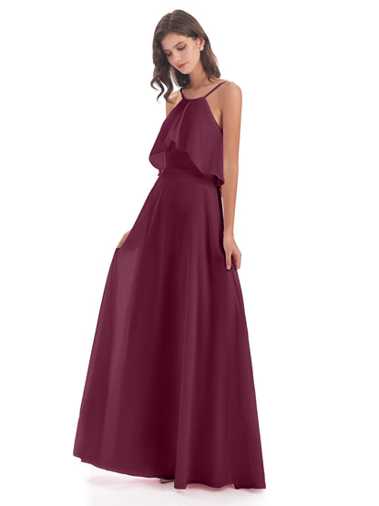 Paisley Halter Ruffles Chiffon Long Bridesmaid Dresses
