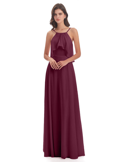 Paisley Halter Ruffles Chiffon Long Bridesmaid Dresses