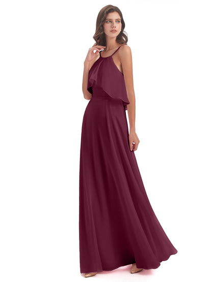 Paisley Halter Ruffles Chiffon Long Bridesmaid Dresses