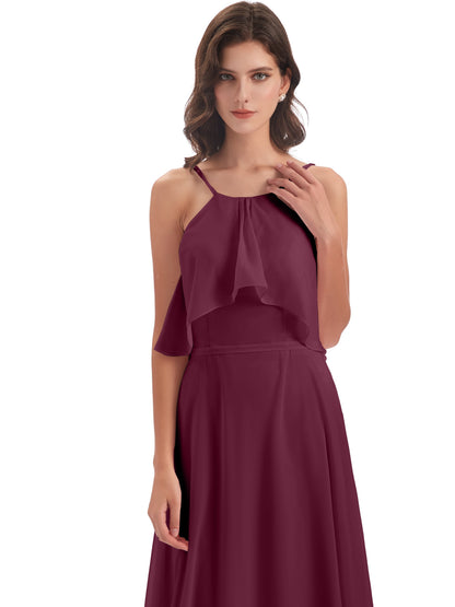 Paisley Halter Ruffles Chiffon Long Bridesmaid Dresses