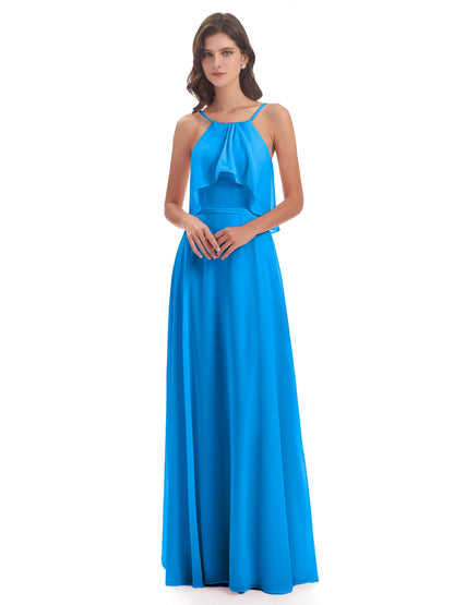 Paisley Halter Ruffles Chiffon Long Bridesmaid Dresses