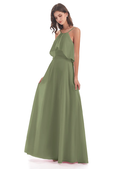 Paisley Halter Ruffles Chiffon Long Bridesmaid Dresses