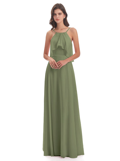 Paisley Halter Ruffles Chiffon Long Bridesmaid Dresses