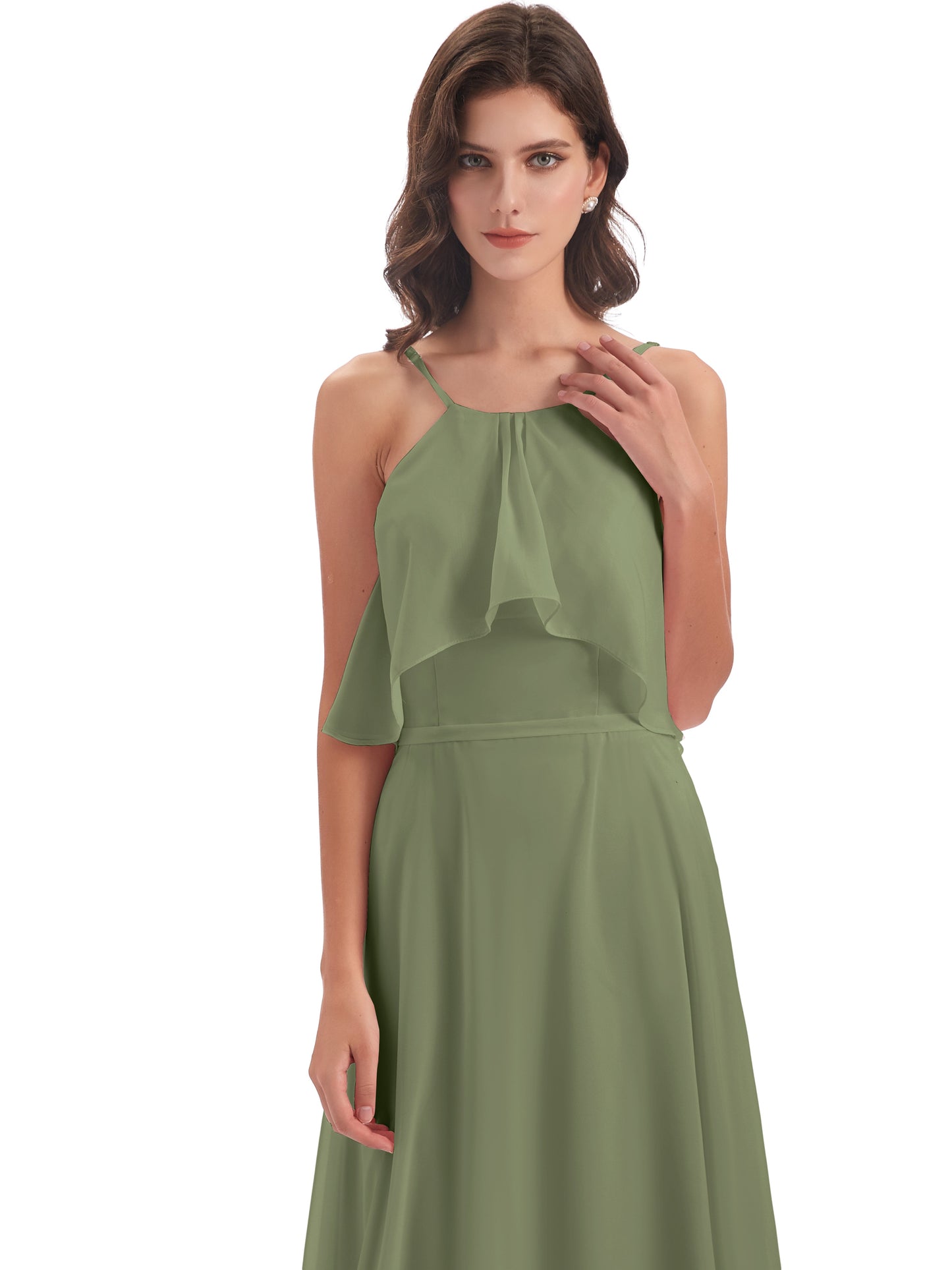 Paisley Halter Ruffles Chiffon Long Bridesmaid Dresses