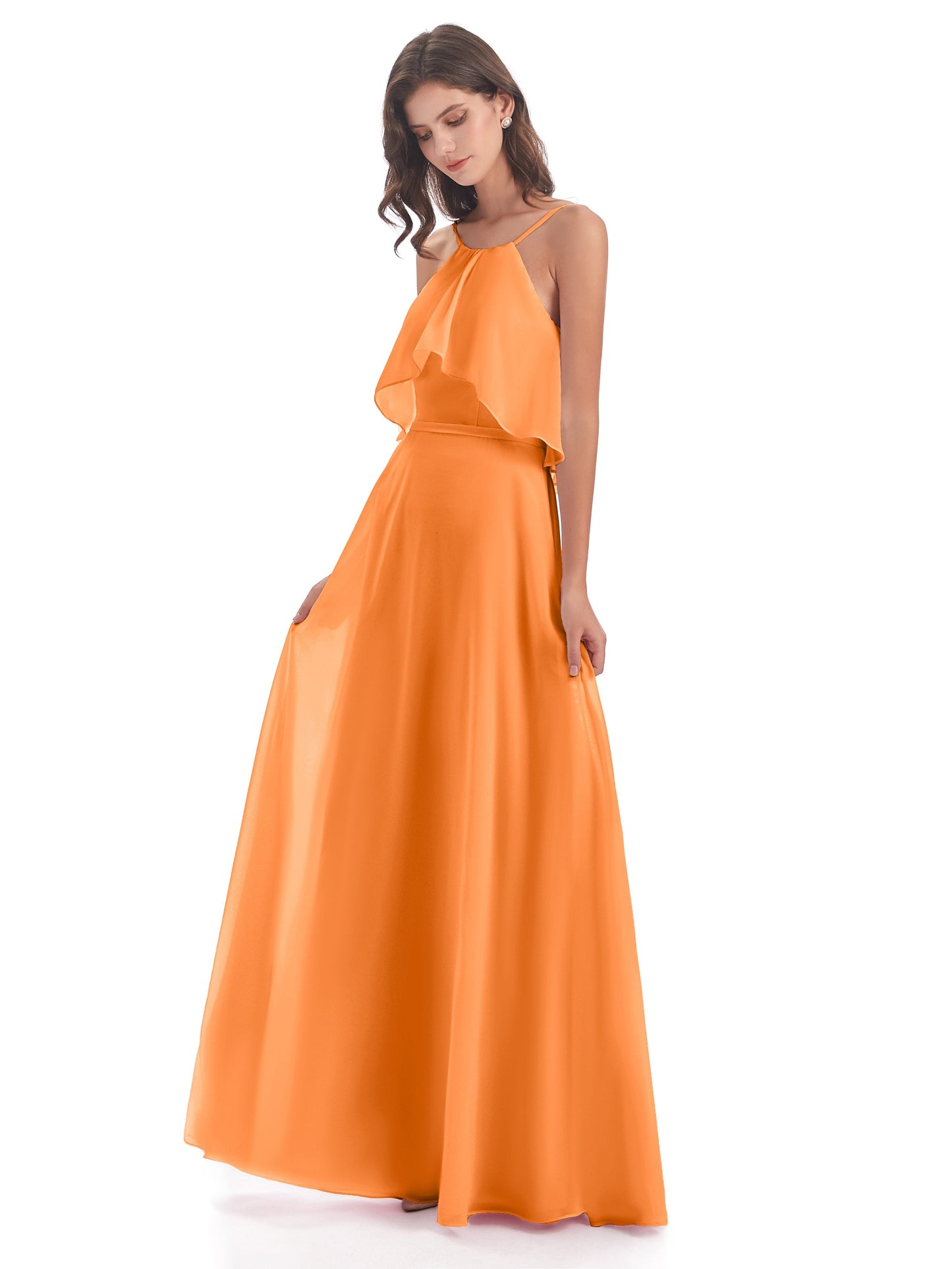 Paisley Halter Ruffles Chiffon Long Bridesmaid Dresses