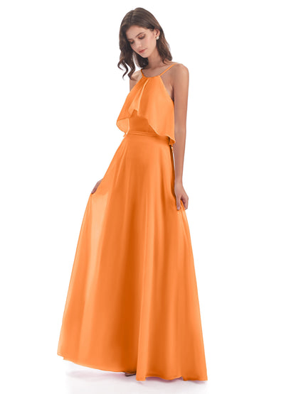 Paisley Halter Ruffles Chiffon Long Bridesmaid Dresses
