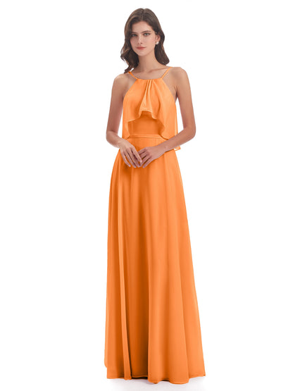 Paisley Halter Ruffles Chiffon Long Bridesmaid Dresses
