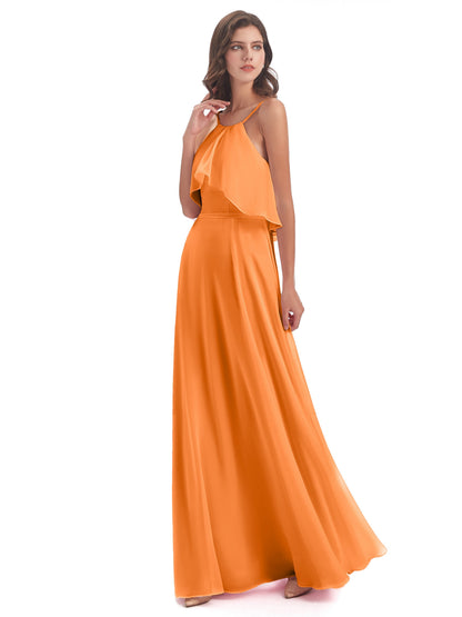 Paisley Halter Ruffles Chiffon Long Bridesmaid Dresses