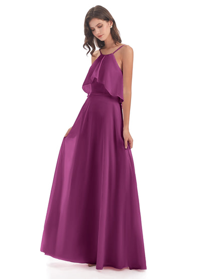 Paisley Halter Ruffles Chiffon Long Bridesmaid Dresses