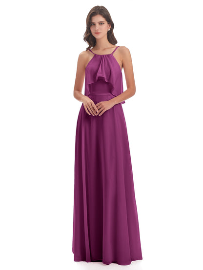 Paisley Halter Ruffles Chiffon Long Bridesmaid Dresses