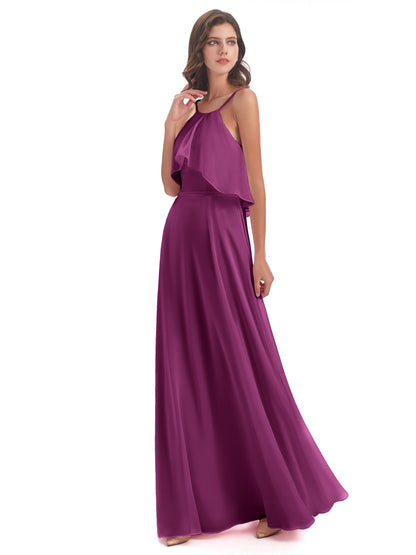 Paisley Halter Ruffles Chiffon Long Bridesmaid Dresses