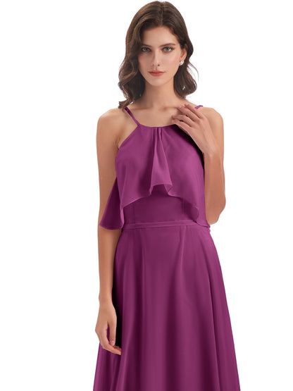 Paisley Halter Ruffles Chiffon Long Bridesmaid Dresses