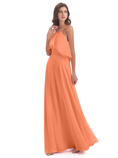 Paisley Halter Ruffles Chiffon Long Bridesmaid Dresses