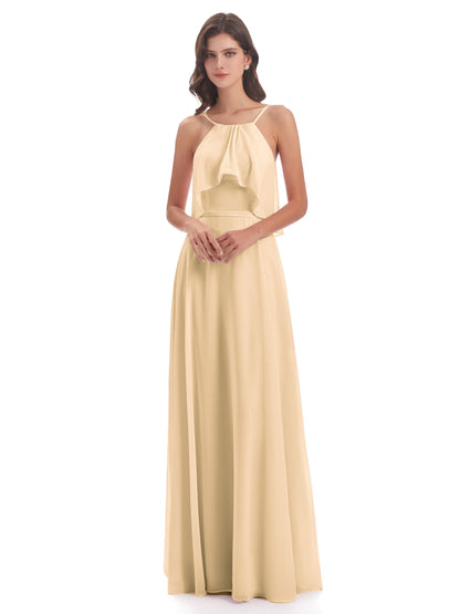 Paisley Halter Ruffles Chiffon Long Bridesmaid Dresses