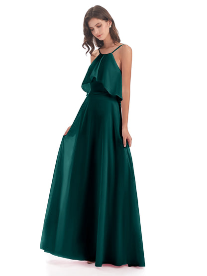 Paisley Halter Ruffles Chiffon Long Bridesmaid Dresses