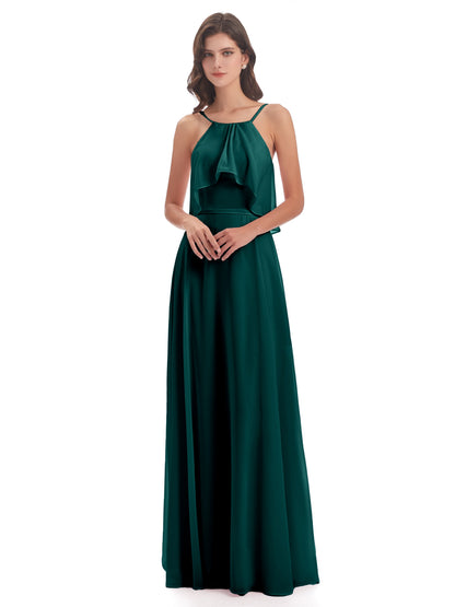 Paisley Halter Ruffles Chiffon Long Bridesmaid Dresses