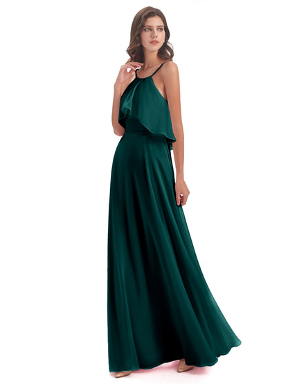 Paisley Halter Ruffles Chiffon Long Bridesmaid Dresses