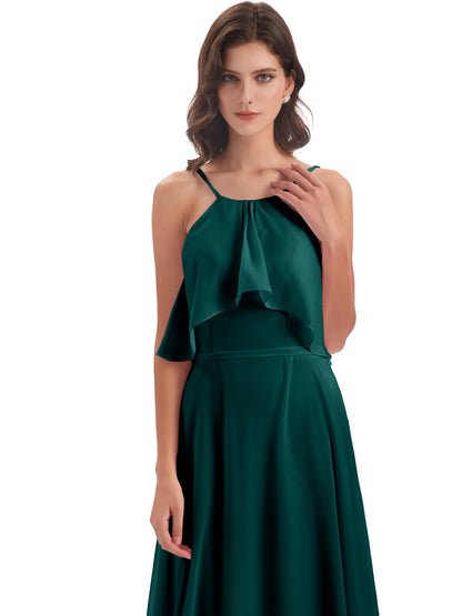 Paisley Halter Ruffles Chiffon Long Bridesmaid Dresses