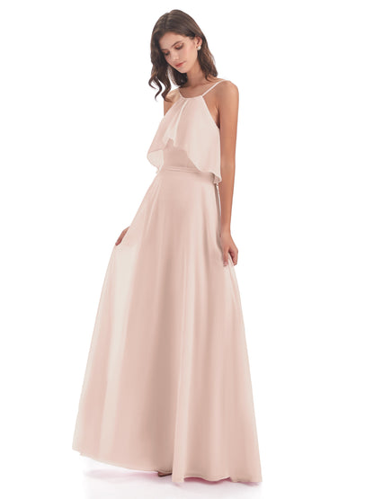 Paisley Halter Ruffles Chiffon Long Bridesmaid Dresses