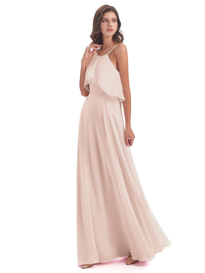 Paisley Halter Ruffles Chiffon Long Bridesmaid Dresses
