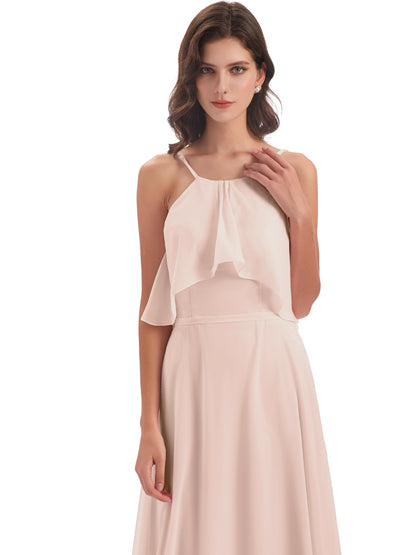 Paisley Halter Ruffles Chiffon Long Bridesmaid Dresses