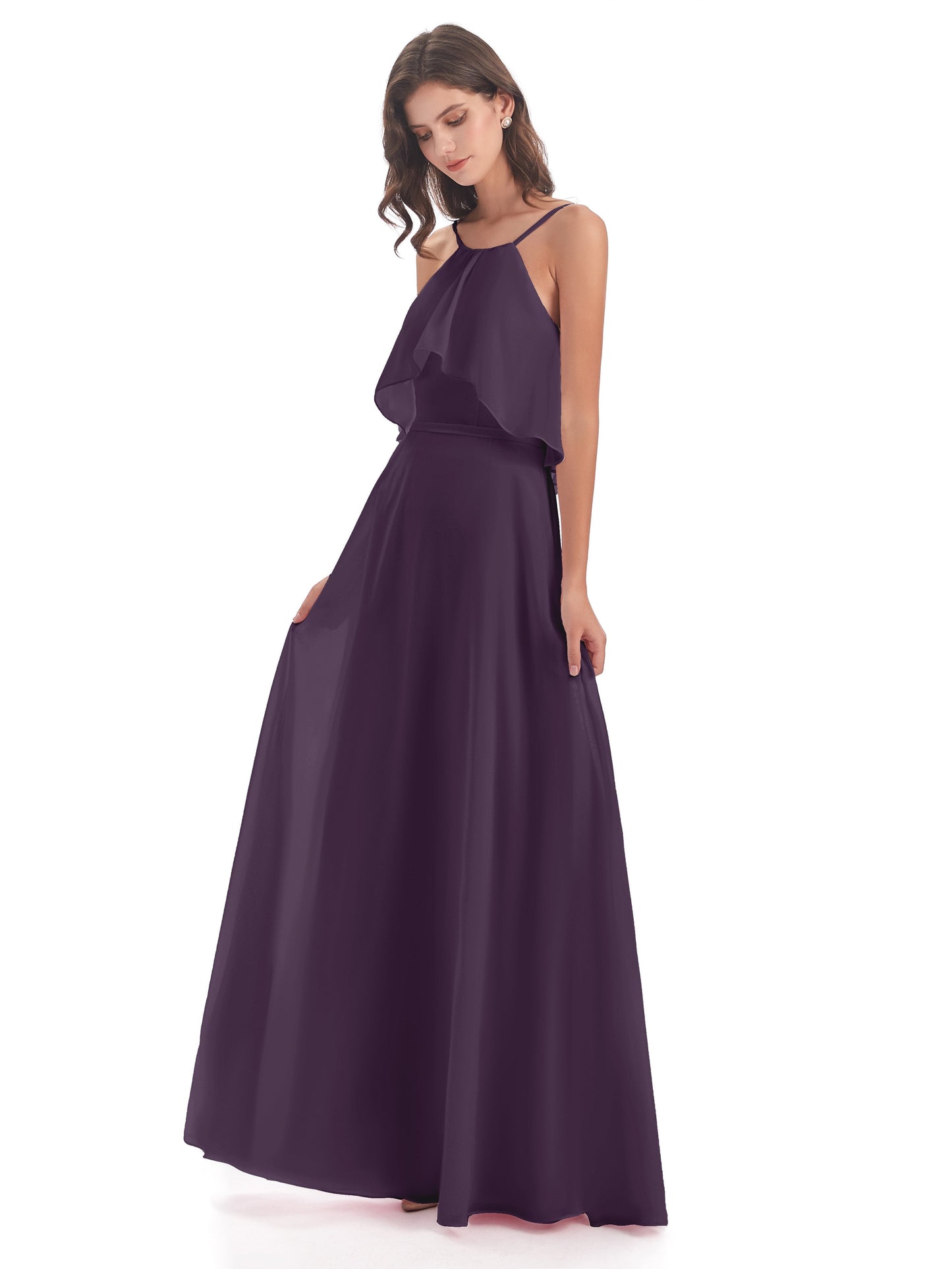 Paisley Halter Ruffles Chiffon Long Bridesmaid Dresses