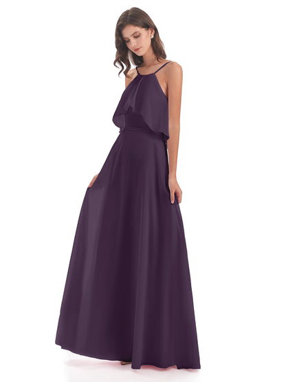 Paisley Halter Ruffles Chiffon Long Bridesmaid Dresses