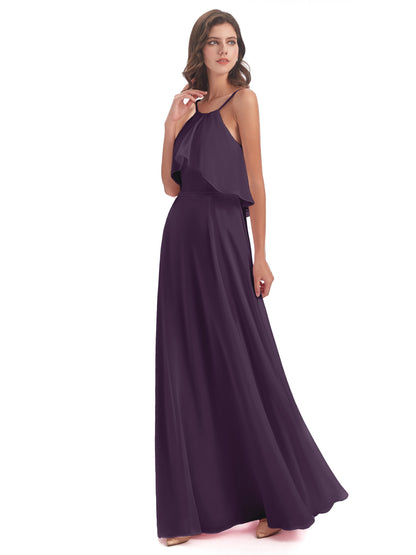 Paisley Halter Ruffles Chiffon Long Bridesmaid Dresses