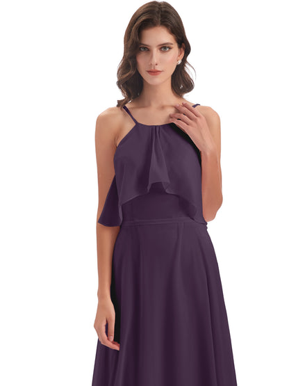 Paisley Halter Ruffles Chiffon Long Bridesmaid Dresses