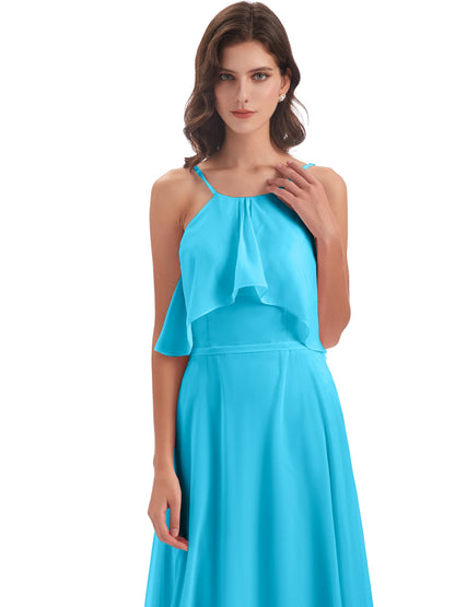 Paisley Halter Ruffles Chiffon Long Bridesmaid Dresses