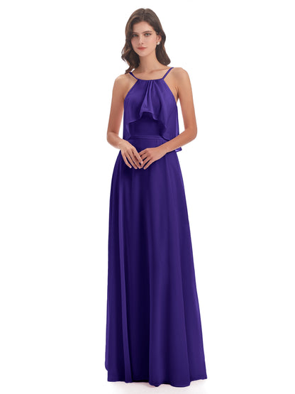 Paisley Halter Ruffles Chiffon Long Bridesmaid Dresses