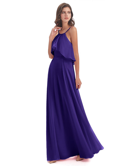 Paisley Halter Ruffles Chiffon Long Bridesmaid Dresses