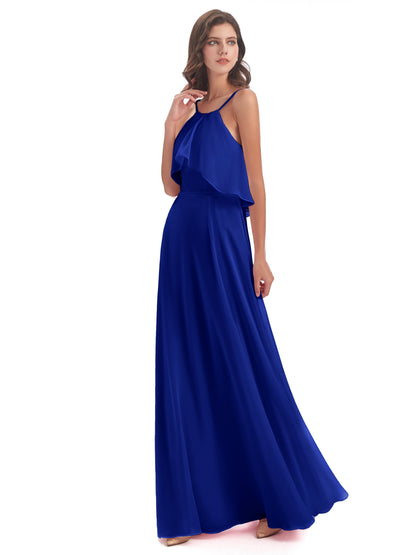 Paisley Halter Ruffles Chiffon Long Bridesmaid Dresses