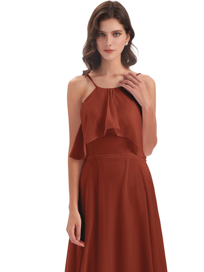 Paisley Halter Ruffles Chiffon Long Bridesmaid Dresses
