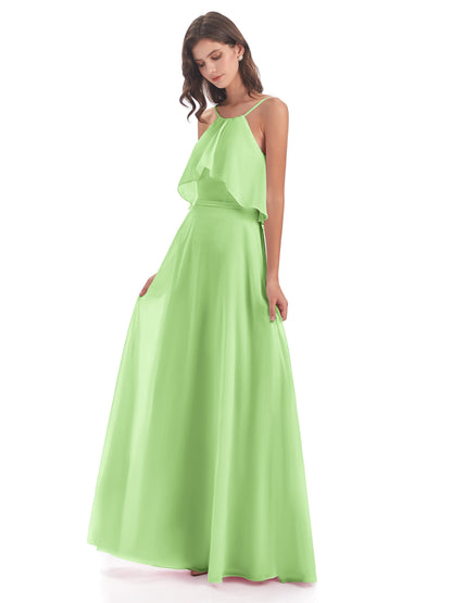 Paisley Halter Ruffles Chiffon Long Bridesmaid Dresses