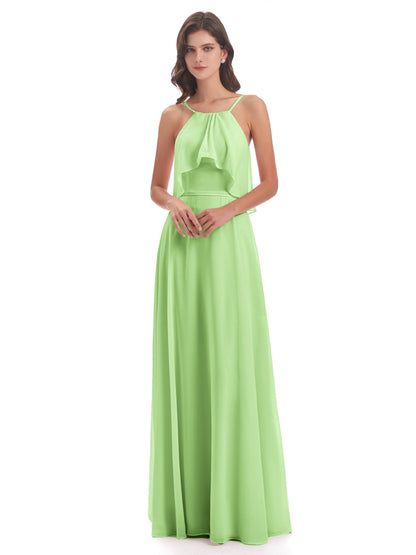 Paisley Halter Ruffles Chiffon Long Bridesmaid Dresses