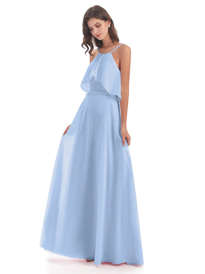 Paisley Halter Ruffles Chiffon Long Bridesmaid Dresses