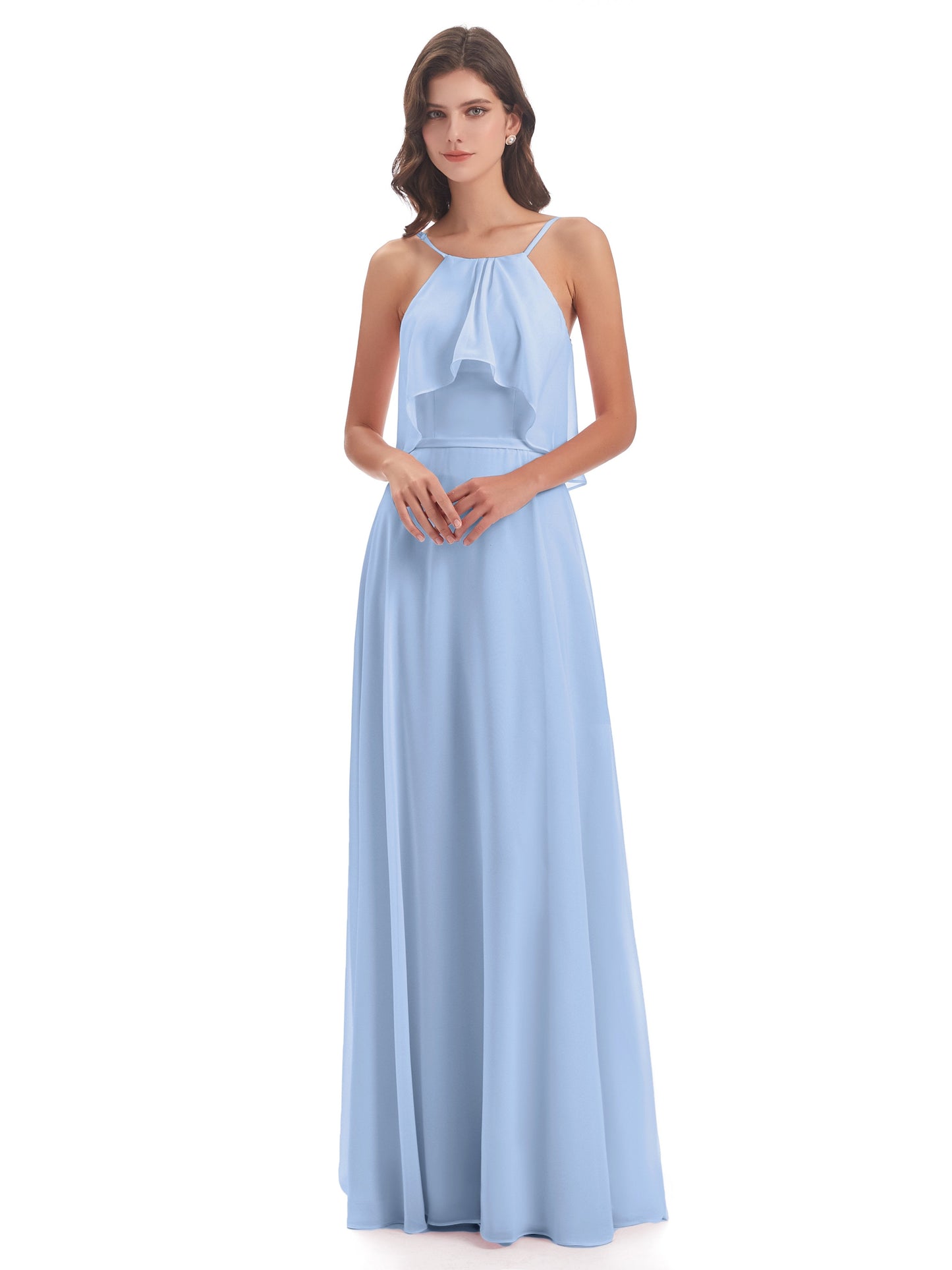 Paisley Halter Ruffles Chiffon Long Bridesmaid Dresses