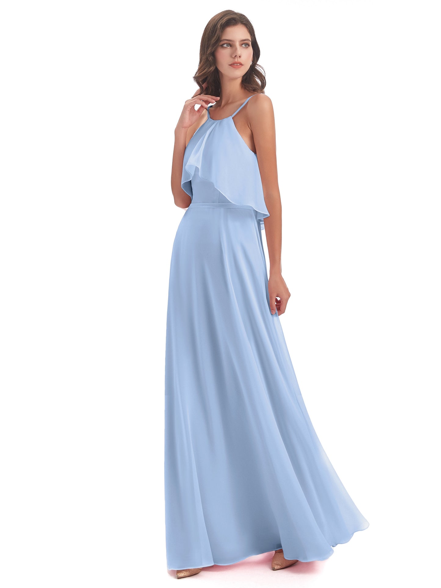 Paisley Halter Ruffles Chiffon Long Bridesmaid Dresses