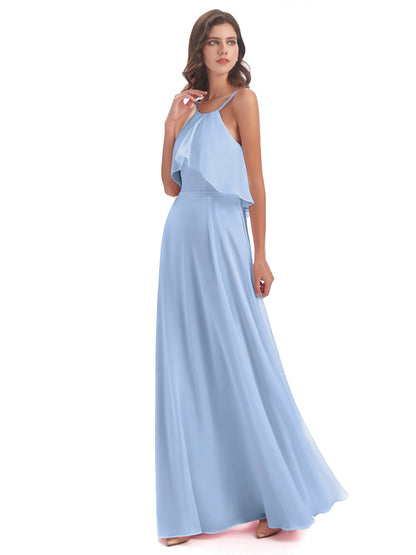Paisley Halter Ruffles Chiffon Long Bridesmaid Dresses