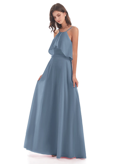 Paisley Halter Ruffles Chiffon Long Bridesmaid Dresses
