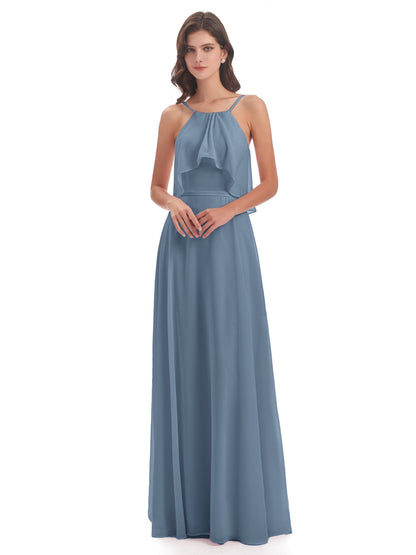 Paisley Halter Ruffles Chiffon Long Bridesmaid Dresses