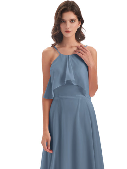 Paisley Halter Ruffles Chiffon Long Bridesmaid Dresses