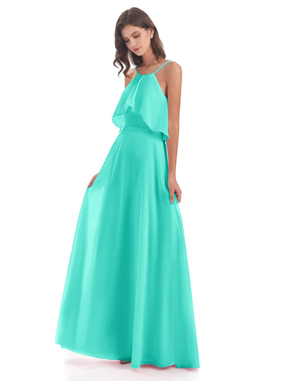 Paisley Halter Ruffles Chiffon Long Bridesmaid Dresses