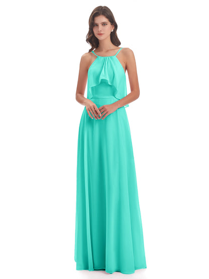 Paisley Halter Ruffles Chiffon Long Bridesmaid Dresses