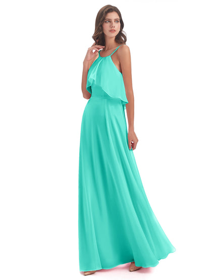 Paisley Halter Ruffles Chiffon Long Bridesmaid Dresses